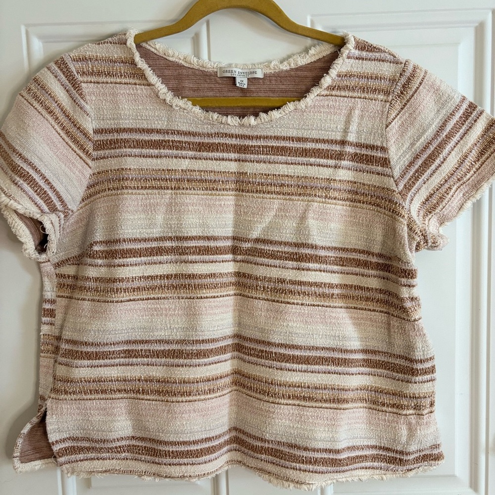 Green Envelope Beige and Brown Striped 90s knit cloth tee women’s size XL